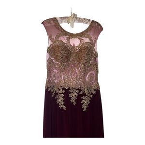 Maroon Floor-Length Prom Dress with Gold Embellished Bodice